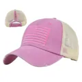 Close-up of pink ponytail baseball cap with flag embroidery and breathable mesh back - Adjustable 54-59 / Pink