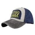 Close-up of vintage MOTORS RACING TEAM patch and distressed brim details on a baseball cap - Adjustable / Coffee and Navy