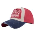 Close-up of vintage MOTORS RACING TEAM patch and distressed brim on mesh baseball cap - Adjustable / Navy and Watermelon Red