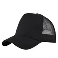 Side view of black mesh trucker hat showing breathable panel and curved brim details - Adjustable / Solid Black