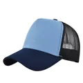 Detail of multi-color breathable mesh trucker hat with navy brim and light blue front panel - Adjustable / Light Blue/Navy/Black