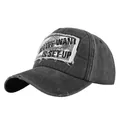Close-up of distressed cotton baseball cap with embroidered ALL WE WANT IS SET-UP patch - Adjustable / Black