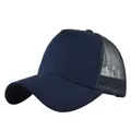 Detail view of the breathable mesh back and curved brim on a navy trucker baseball cap - Adjustable / Dark Blue