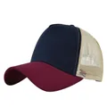 Close-up of tricolor mesh trucker hat with reinforced stitching on the curved brim - Adjustable / Navy/Wine Red/Beige