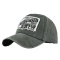 Close-up detail of distressed cotton twill fabric and embroidery on baseball cap - Adjustable / Army Green
