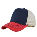 Detail of red peak with blue wave stitching and breathable off-white mesh on trucker cap - Adjustable / Navy/Red/Beige