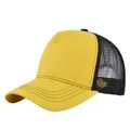 Detail view of two-tone yellow and black mesh trucker hat with breathable fabric and stitching - Adjustable / Yellow Crown Black Mesh
