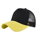 Breathable black and yellow mesh trucker hat with solid front crown and curved visor - Adjustable / Black Crown Yellow Brim