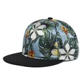 Flat brim snapback hat with tropical floral satin patterns and contrasting black peak - Adjustable 54-59cm / Tropical Frangipani Broadleaf