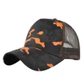 Detail of breathable mesh back and orange camouflage fabric on a trucker baseball cap - Adjustable / Orange Black Camo Brown Mesh