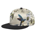 Close-up of intricate hummingbird and floral embroidery on champagne satin snapback cap - Adjustable 54-59cm / Champagne Embroidered Hummingbird Floral