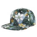 Detailed view of the tropical floral print on a snapback hat with palm leaves - Adjustable 54-59cm / Light Blue Tropical Plant Floral