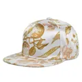 Detail of white and gold satin flat brim baseball cap with vintage floral embroidery - Adjustable 54-59cm / White Base Retro Bronze Gold Floral