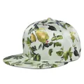 Detailed 45-degree view of mint green silk-like baseball cap with botanical flower and bird print - Adjustable 54-59cm / Mint Green Pear Flower Fruit