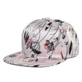 Detail of pink satin flat brim snapback cap featuring black floral patterns and embroidery - Adjustable 54-59cm / Pink Satin Black Line Floral