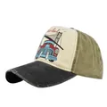 Detail of vintage baseball cap featuring distressed black brim and Istanbul print - Black/Olive Green
