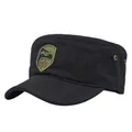 Black cotton military flat top cap featuring 3D eagle shield embroidery and metal eyelets - Adjustable (54-59) / Black