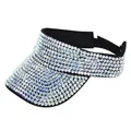 Detail view of adjustable back strap and shimmering rhinestones on black sun visor hat - Adjustable / AB Black