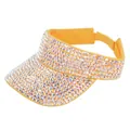 Close-up of bright yellow ponytail sun visor hat featuring sparkling colorful rhinestones - Adjustable / Yellow