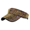 Detailed view of shimmering gold rhinestones on a black sun visor hat for outdoor sun protection - Adjustable / Rose Gold Black