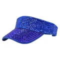 Detailed close-up of a navy blue visor hat featuring shimmering rhinestone embellishments - Adjustable / Blue
