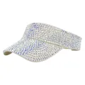 Close-up of sparkling iridescent rhinestones on cream-white sun visor hat brim - Adjustable / Off White