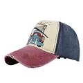 Vintage US flag style baseball cap with Istanbul print and distressed red brim - Wine Red/Navy Blue