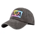 Close-up of the vintage washed grey cotton baseball cap with tie-dye MAMA patch detail - Adjustable / Coffee