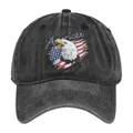 Detail of washed black cotton fabric with American eagle and flag embroidery on the cap - Adjustable 54-59 / Washed Black