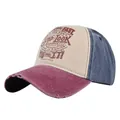 Dettaglio del cappellino da baseball vintage tricolore con visiera logora e testo stampato - Regolabile / Borgogna