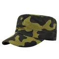 Close-up of jungle camouflage military flat top cap with durable canvas texture and stitching - Adjustable / Dark Green Camouflage