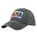 Détail de l'écusson MAMA avec motif arc-en-ciel tie-dye sur une casquette en jean gris - Réglable / Vert Militaire