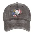 Close-up of eagle print and American flag design on washed grey baseball cap - Adjustable 54-59 / Coffee