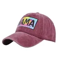 Washed burgundy baseball cap with vintage MAMA patch and colorful tie-dye design - Adjustable / Burgundy