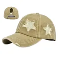 Berretto da baseball kaki invecchiato con stelle glitterate e foro per coda di cavallo - 54-59CM / Cachi
