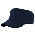 Solid navy blue flat top military patrol cap with durable twill cotton and stiff visor - Adjustable / Navy Blue