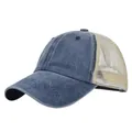 Gorra trucker vintage de mezclilla azul lavado con malla beige transpirable y visera - Ajustable 54-59 / Azul marino