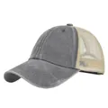 Close-up of vintage washed cotton texture and breathable mesh on gray trucker hat - Adjustable 54-59 / Gray
