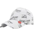 Detail of white baseball cap featuring black Sport prints and a red woven side label - White (Black Strap)