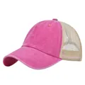 Detail of rose red washed fabric texture and beige breathable mesh on a trucker cap - Adjustable 54-59 / Rose Red
