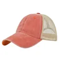 Detail of washed orange baseball cap featuring vintage distressed fabric and breathable mesh - Adjustable 54-59 / Orange