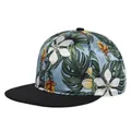 Detail der Snapback-Mütze mit tropischem Blumenmuster und schwarzem flachen Schirm - Einstellbar 54-59 / Hellblau Weiß Blume Palme Stil