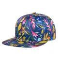 Detailansicht der dunkelblauen Snapback-Kappe mit tropischen Blumen und Schmetterlingsdruck - Einstellbar 54-59 / Dunkelblauer Satin Tropischer Blumen- und Schmetterlingsprint Stil
