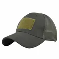 Close-up of tactical mesh cap featuring ripstop fabric and front hook-and-loop patch panel - Army Green