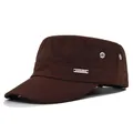 Detail of dark brown flat top military cap with metal eyelets and a side logo plate - Adjustable / Coffee