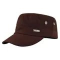 Detail view of coffee brown flat top military cap with metal air holes and side branding - Adjustable / Coffee