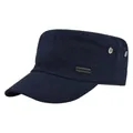 Detail of dark blue cotton army cap showing side metal vent holes and logo plaque - Adjustable / Navy Blue