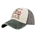 Detalle de gorra trucker vintage desgastada con bordado de calavera y malla - Ajustable 54-59 / Verde Militar + Café