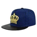 Hip hop trucker hat with blue honeycomb mesh, black leather brim and gold crown emblem - Adjustable / Blue