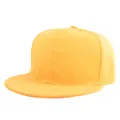Detailed side view of yellow flat brim snapback hat showing twill cotton texture - Orange